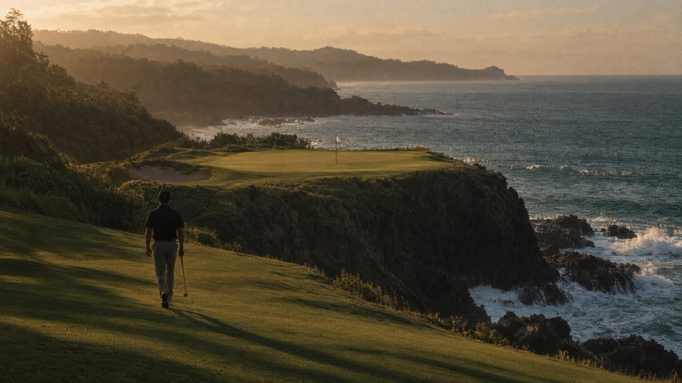 A clifftop green above the ocean in late light, a lone golfer seen from behind walking toward the flag.