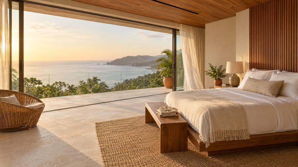 A bedroom suite with a teak platform bed and linen, glass walls open to a terrace above a calm Pacific bay at first light.