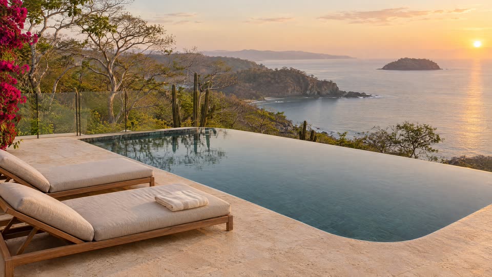 An infinity pool at first light, its edge dissolving into a still sea, teak loungers and a folded towel on the travertine ledge.