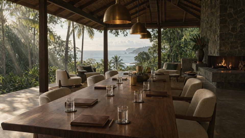 An open-air timber pavilion with a walnut table, leather notebooks and a low fire, palms and sea beyond.